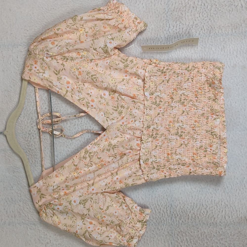 Madden Girl Juniors‎ Peach Floral Smocked Cottage Cropped Top Size XS